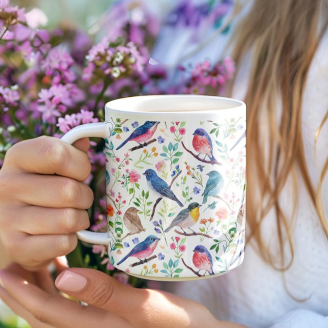 Farbige Aquarellvögel und Blume Kaffeetasse (Von Creator hochgeladen)