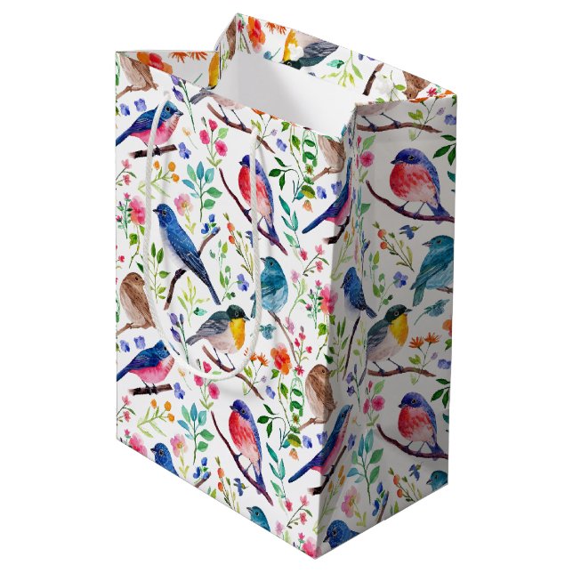 Farbige Aquarellvögel und Blume Mittlere Geschenktüte (Rückseite Schrägansicht)