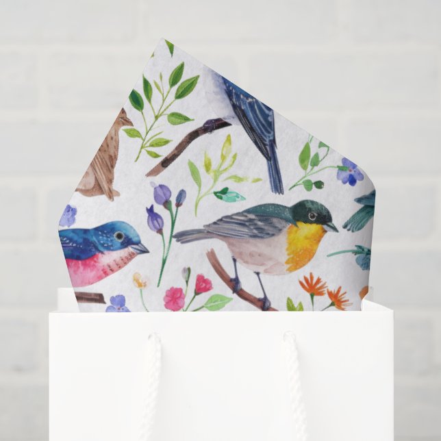 Farbige Aquarellvögel und Blume Seidenpapier (Geschenktüte)