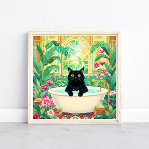 Farbige Art Deco schwarze Katze in der Badewanne Poster