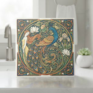 Farbige Art Nouveau Pfau Pat#3 ID1193 Fliese