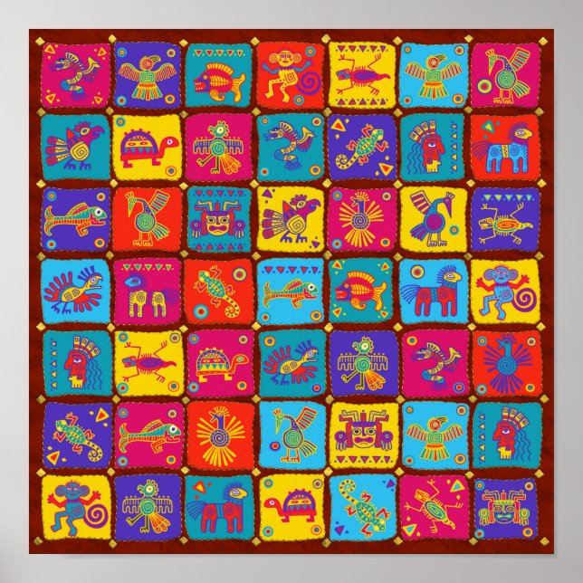 Farbige Azteken mexikanische Tiere 1 Poster (Vorne)