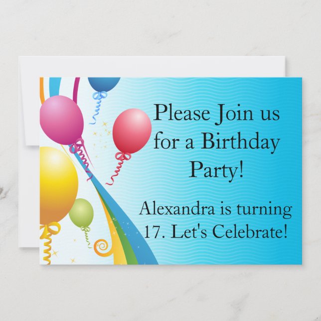 Farbige Balloons | Curly Ribbons Einladung (Vorderseite)
