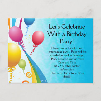 Farbige Balloons | Curly Ribbons Einladungspostkarte