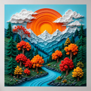 Farbige Berglandschaft mit Fluss, Bäumen Poster