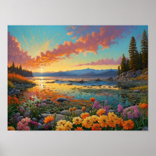 Farbige Bergsee-Blumen-Kunst Poster