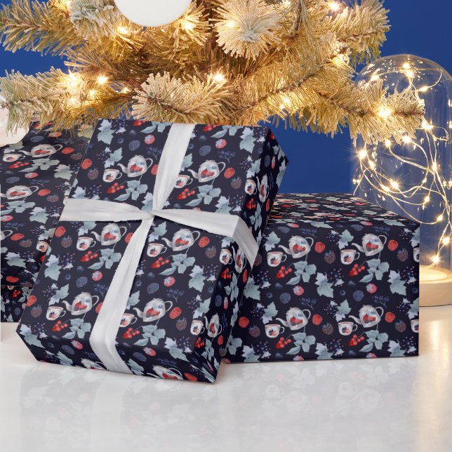 Farbige Berries, Teeköpfe und Cups auf Navy Blue Geschenkpapier (Feiertage)