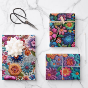 Farbige bestickte Blume Geschenkpapier Set