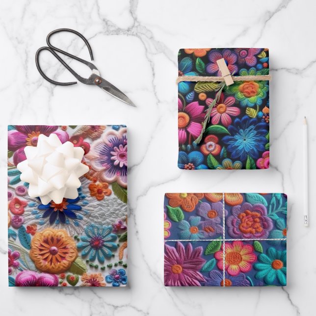 Farbige bestickte Blume Geschenkpapier Set (Vorderseite)