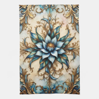 Farbige blaue florale und goldene Blätter Geschirrtuch