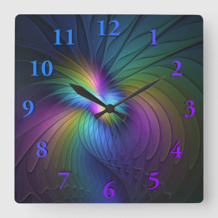 Farbige Blaue Moderne Abstrakte Fractal-Kunst Quadratische Wanduhr