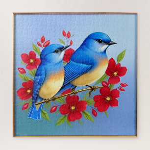 Farbige Blaue Vögel sitzen zwischen roten Blumen