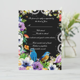 Farbige Blaue Vögel Und Botanische Blumige Antwort Einladung