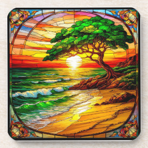 Farbige Bleiglas-Sonnenuntergang über dem Strand Getränkeuntersetzer