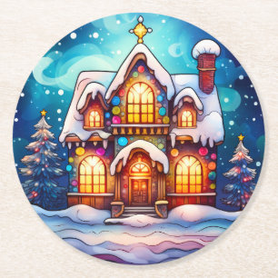 Farbige Bleiglas-Weihnachtsbaum und -Haus Runder Pappuntersetzer
