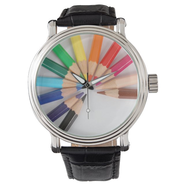 Farbige Bleistift-Farbrad-Uhr mit schwarzem Band Armbanduhr (Vorderseite)