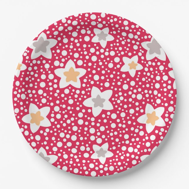 Farbige Blume auf einem Retro-Polka-Punkt-Hintergr Pappteller (Vorderseite)