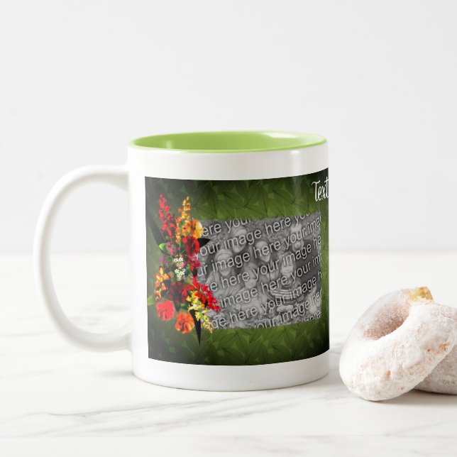 Farbige Blume Bouquet Rahmen Personalisiertes Foto Zweifarbige Tasse (Mit Donut)