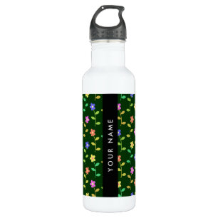 Farbige Blume, grüner Hintergrund, schwarz Edelstahlflasche