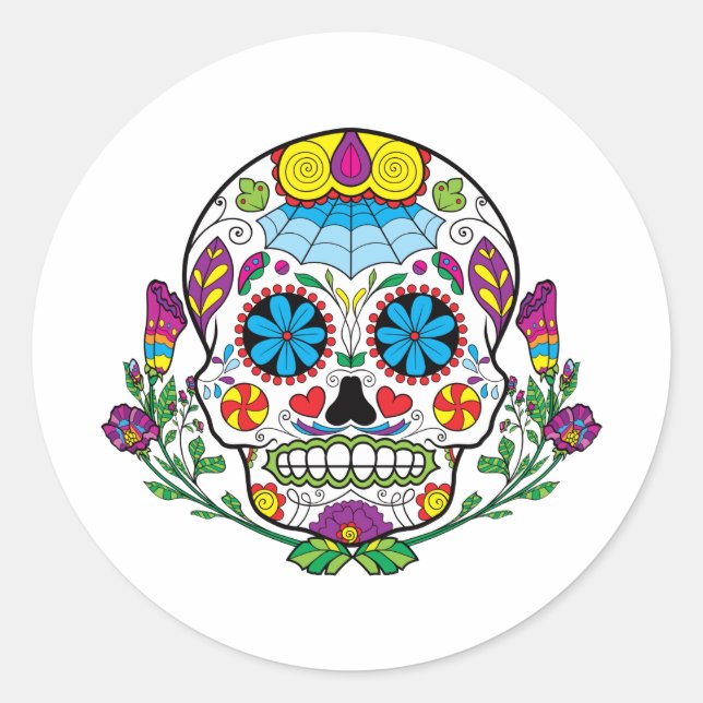 Farbige Blume mexikanische Tattoo-Zuckerschädel Runder Aufkleber (Vorderseite)