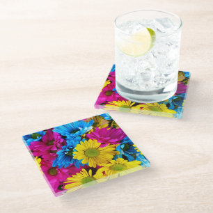 Farbige Blume, Milchprodukte - Blau-Gelb-Rosa Glasuntersetzer