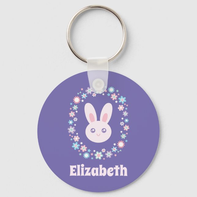 Farbige Blume Niedlich Bunny Rabbit Lavender Blue Schlüsselanhänger (Vorderseite)
