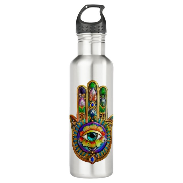Farbige Blume Petals Türkis drittes Auge Hamsa Edelstahlflasche (Vorderseite)