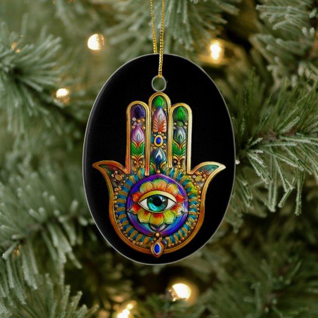 Farbige Blume Petals Türkis drittes Auge Hamsa Keramik Ornament (Baum)