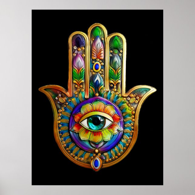 Farbige Blume Petals Türkis drittes Auge Hamsa Poster (Vorne)