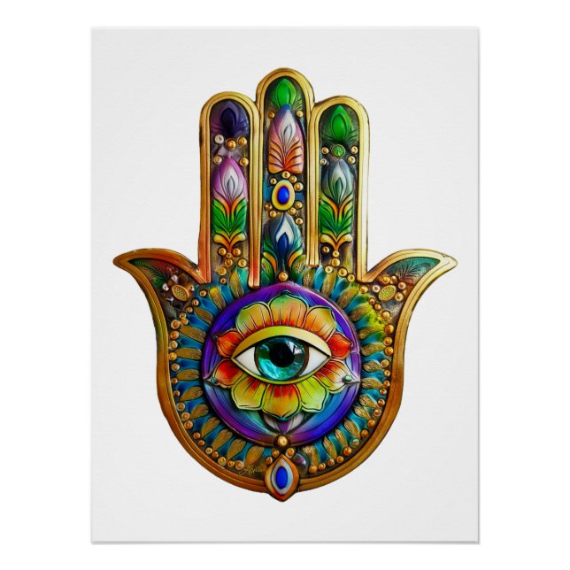 Farbige Blume Petals Türkis drittes Auge Hamsa Poster (Vorderseite)