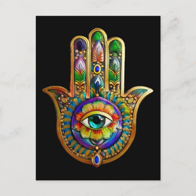 Farbige Blume Petals Türkis drittes Auge Hamsa Postkarte (Vorderseite)
