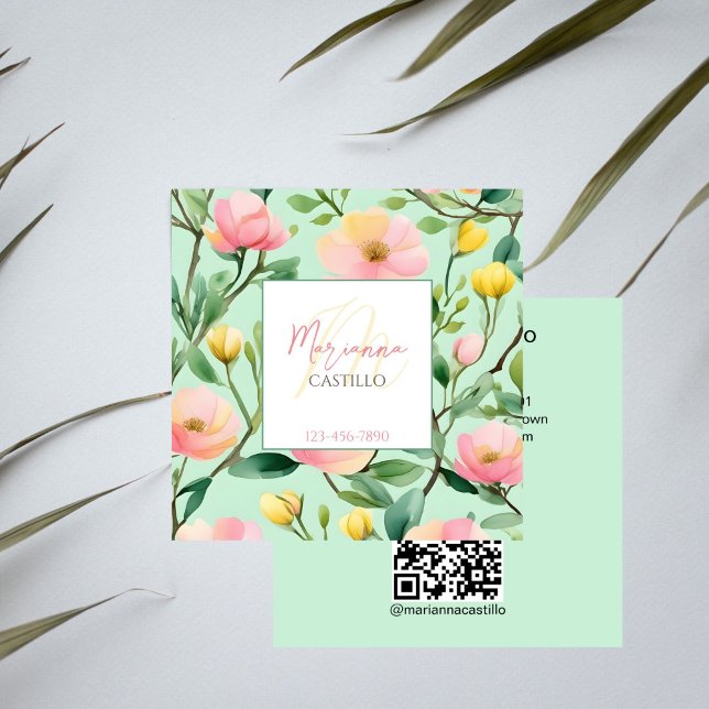 Farbige Blume rosa grüne Vorlage qr Quadratische Visitenkarte (Colorful flowers pink green template qr square business card professional makeup artist stylist )