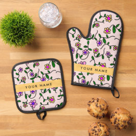 Farbige Blume, rosa Hintergrund, gelb Ofenhandschuh & Topflappen-Set