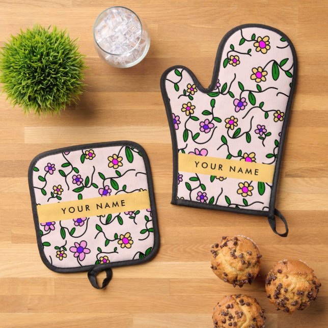 Farbige Blume, rosa Hintergrund, gelb Ofenhandschuh & Topflappen-Set (Oben Unten)