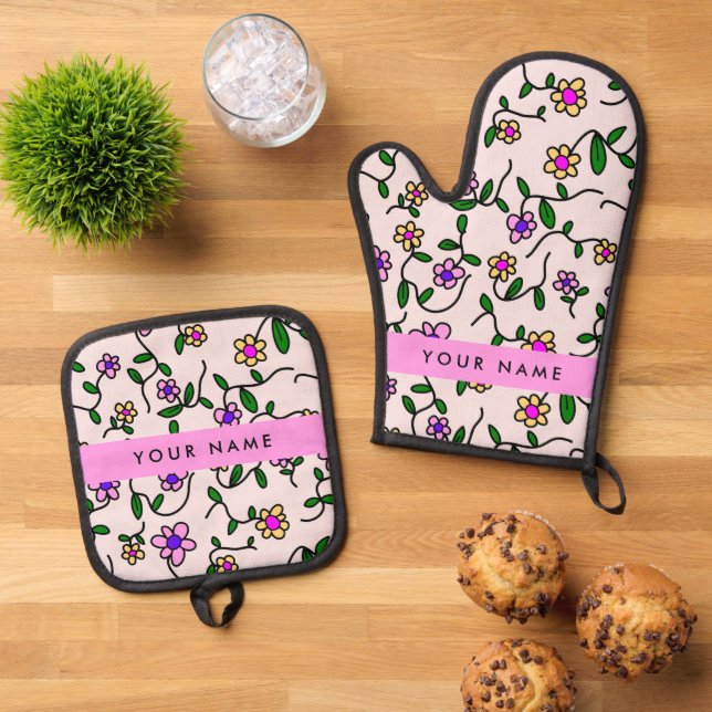 Farbige Blume, rosa Hintergrund, rosa Ofenhandschuh & Topflappen-Set (Oben Unten)