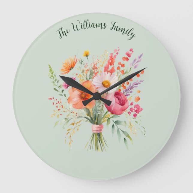 Farbige Blume Rustikale Blüten Hübsch Personalisie Große Wanduhr (Vorderseite)
