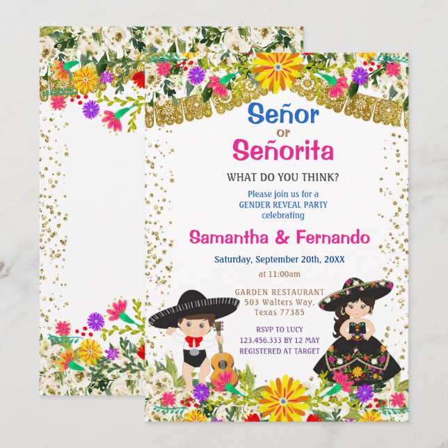 Farbige Blume Señor oder Señorita Gender Reveal  Einladung (Vorne/Hinten)