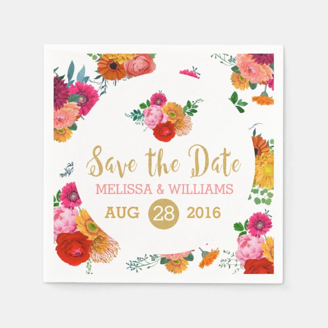 Farbige Blume und Gold Glitzer Save the Date Serviette (Vorderseite)