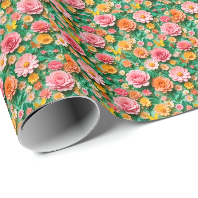 Farbige Blume und Schmetterlinge Geschenkpapier (Rolleneckpunkt)