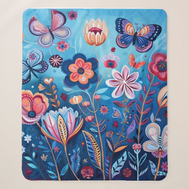 Farbige Blume und Schmetterlinge Sherpa Blanket Sherpadecke (Vorderseite)