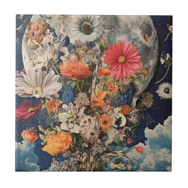 Farbige Blume unter Vollmond Fliese (Vorderseite)