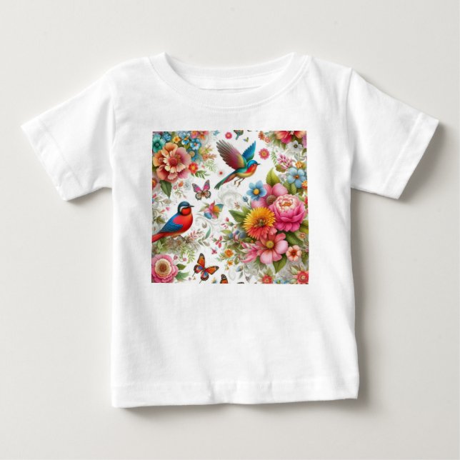 Farbige Blume Vogelschmetterlinge Vorlage Baby T-shirt (Vorderseite)