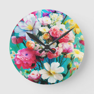 Farbige Blumen auf Türkis Hintergrund Runde Wanduhr