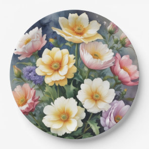 Farbige Blumen Elegante Aquarellmalerei Pappteller