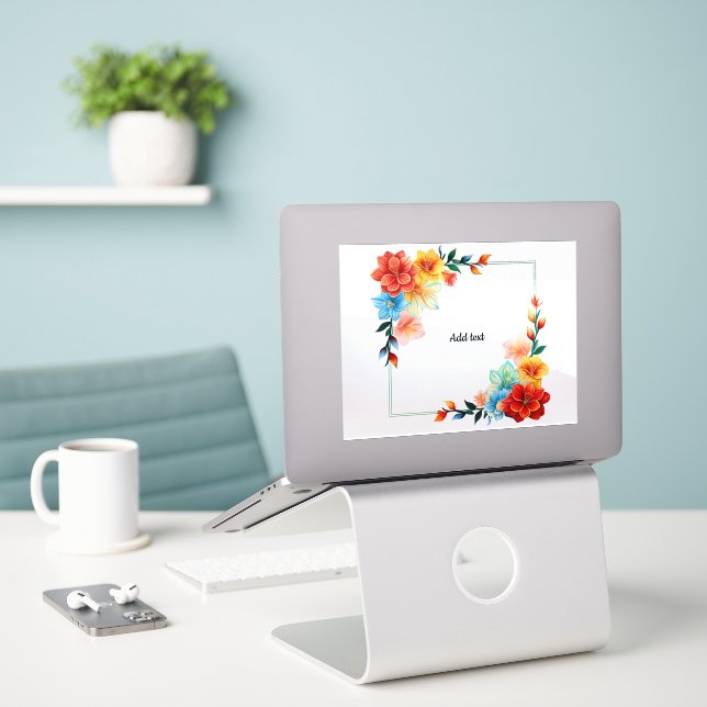Farbige Blumen Rahmen, VORLAGE, TEXT HINZUFÜGEN Aufkleber (Laptop auf Schreibtisch)