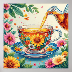 Farbige Blumen-Teetasse mit aufgießendem Kräuterte Poster