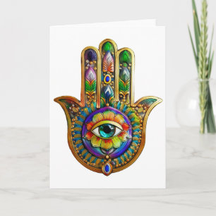 Farbige Blumenblüten Türkis Drittes Auge Hamsa Karte