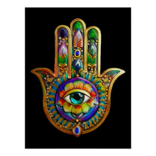 Farbige Blumenblüten Türkis Drittes Auge Hamsa Poster