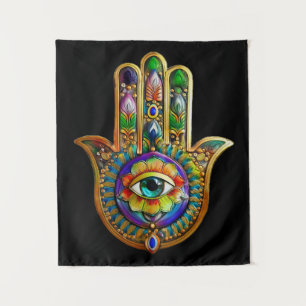 Farbige Blumenblüten Türkis Drittes Auge Hamsa Wandteppich