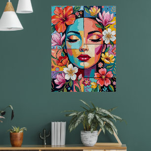 Farbige Blumenfrau-Porträt Farbige Pop-Art-Pa Poster